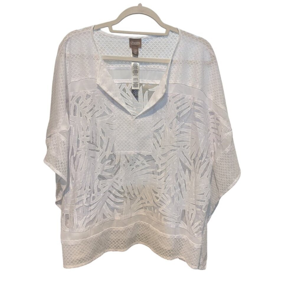 Chico's White Sheer Lace Tropical Leaf Swim Pool Beach Coverup Poncho